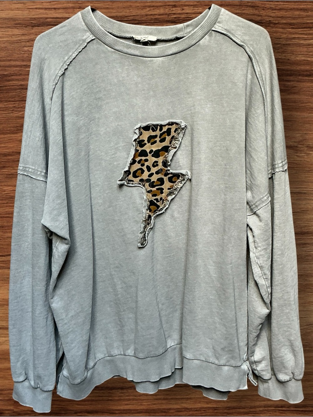 Easel Washed Gray Lightning Leopard Applique Sweatshirt